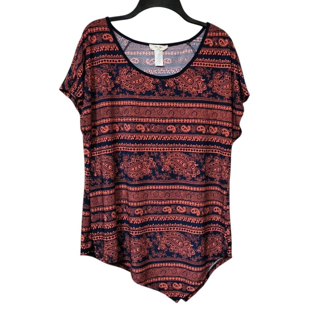 Rue Juju Asymmetrical Top Blue Orange Stretch Short Sleeves Size Large